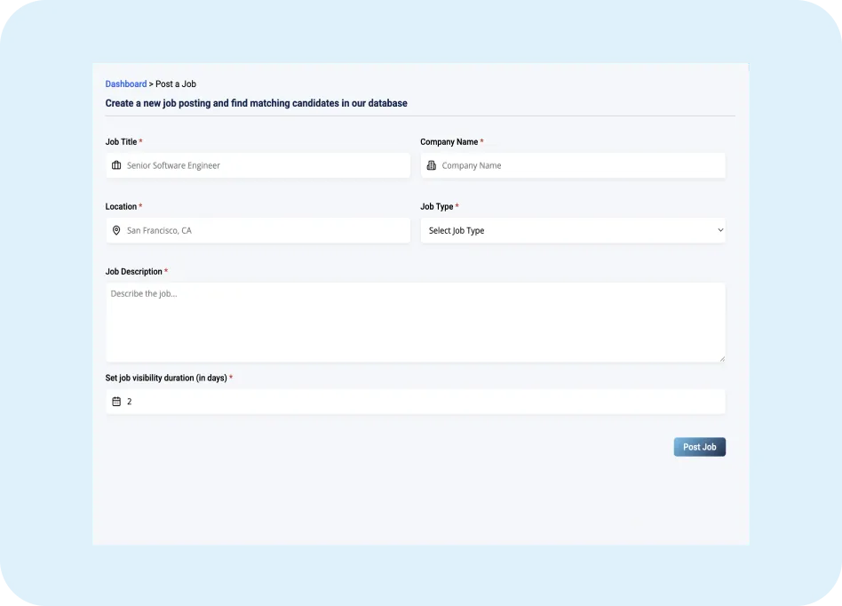Job posting interface for ORO AI, featuring fields for job title, company name, location, job type, job description, and visibility duration settings.